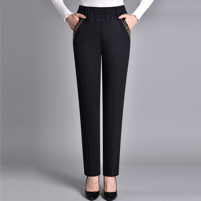 Comfortable Denim Jeans for Women with High Waist Elastic Waistband Tapered Leg Embroidered Pocket Style
