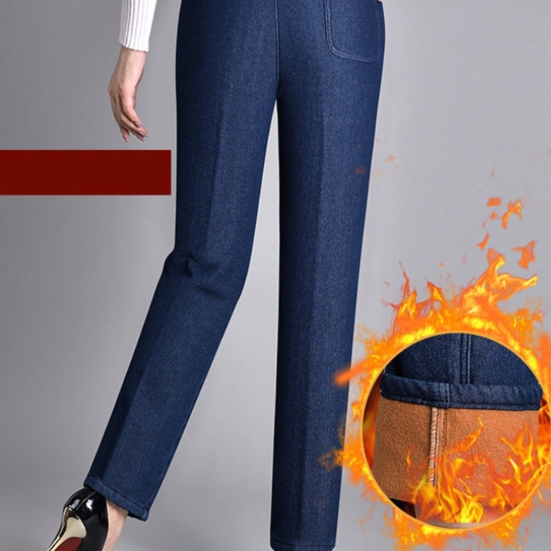 Comfortable Denim Jeans for Women with High Waist Elastic Waistband Tapered Leg Embroidered Pocket Style