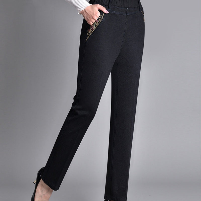 Comfortable Denim Jeans for Women with High Waist Elastic Waistband Tapered Leg Embroidered Pocket Style