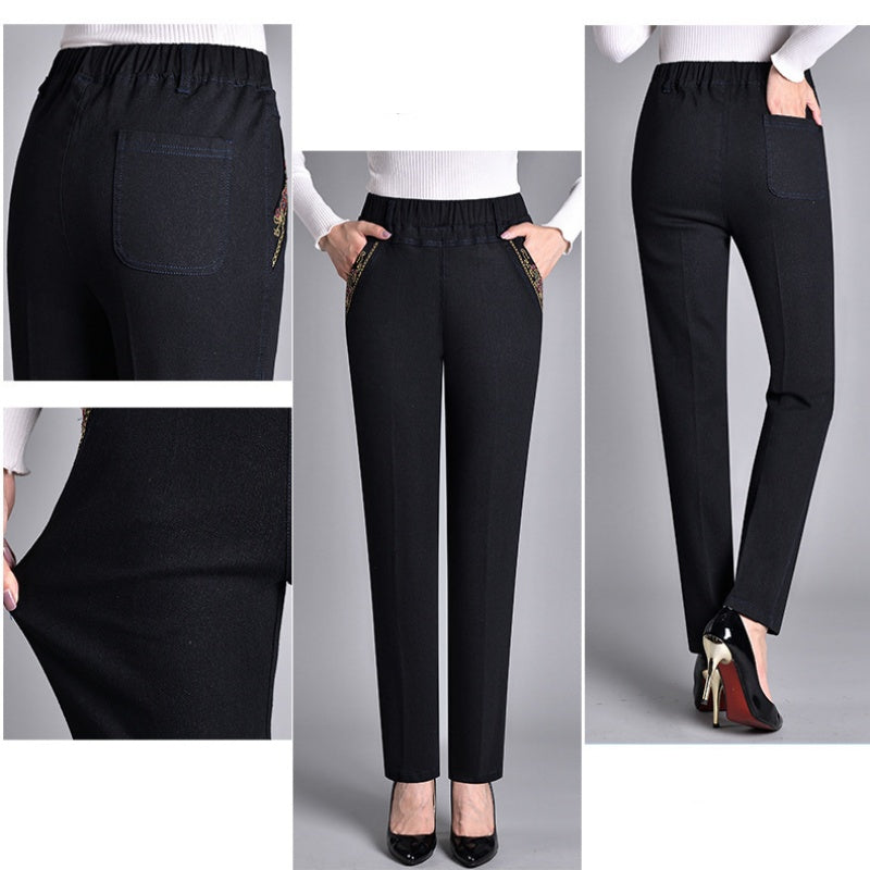 Comfortable Denim Jeans for Women with High Waist Elastic Waistband Tapered Leg Embroidered Pocket Style