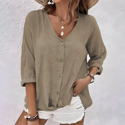 Comfortable Henley Blouses for Women with V Neck Button Elbow Sleeve Relaxed Soft Knit Style