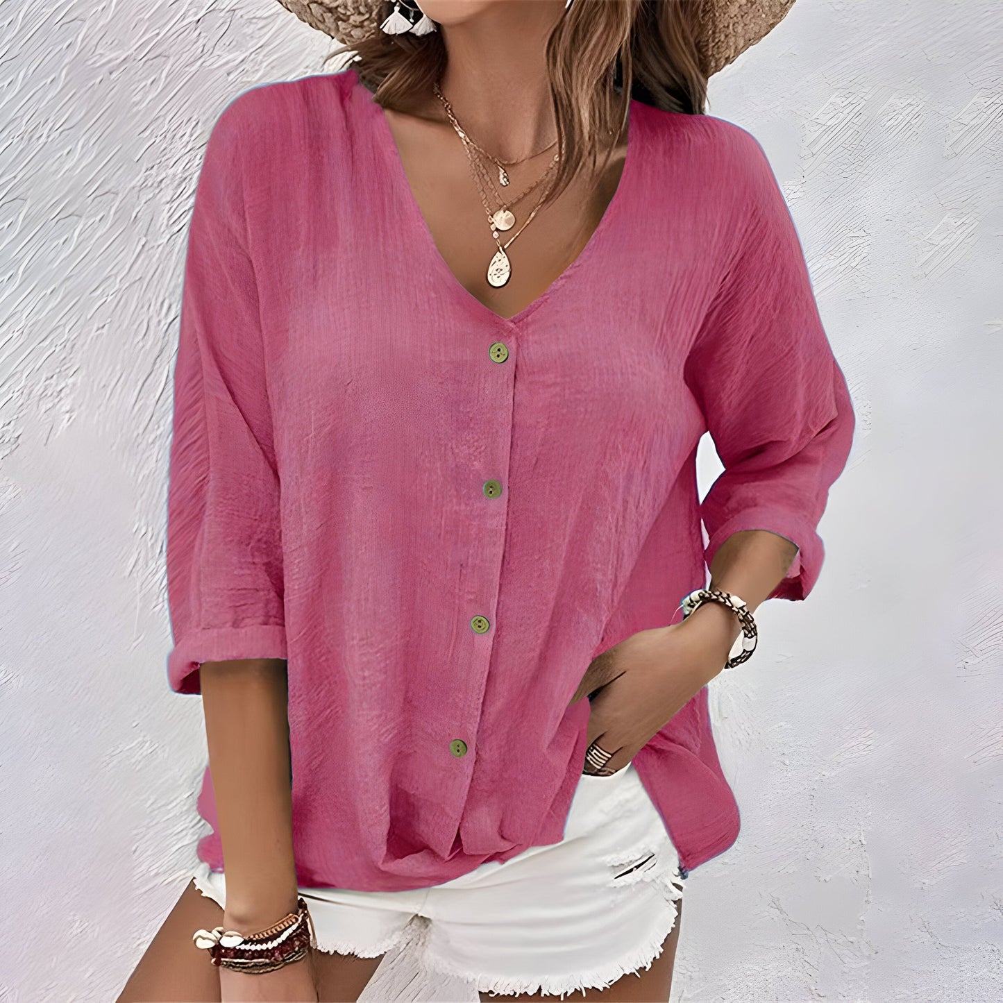 Comfortable Henley Blouses for Women with V Neck Button Elbow Sleeve Relaxed Soft Knit Style