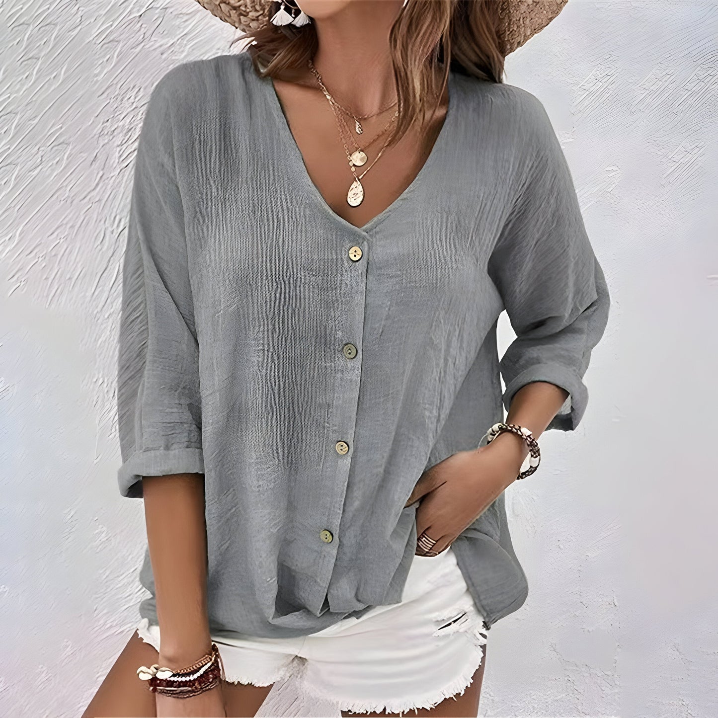Comfortable Henley Blouses for Women with V Neck Button Elbow Sleeve Relaxed Soft Knit Style
