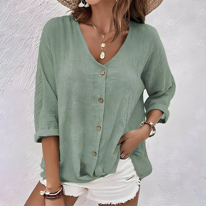 Comfortable Henley Blouses for Women with V Neck Button Elbow Sleeve Relaxed Soft Knit Style