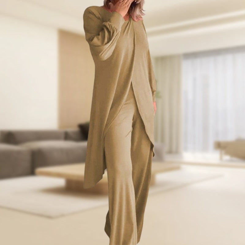 Effortless Tunic Two Piece Set for Women with V Neck Batwing Sleeve Draped Asymmetrical Style