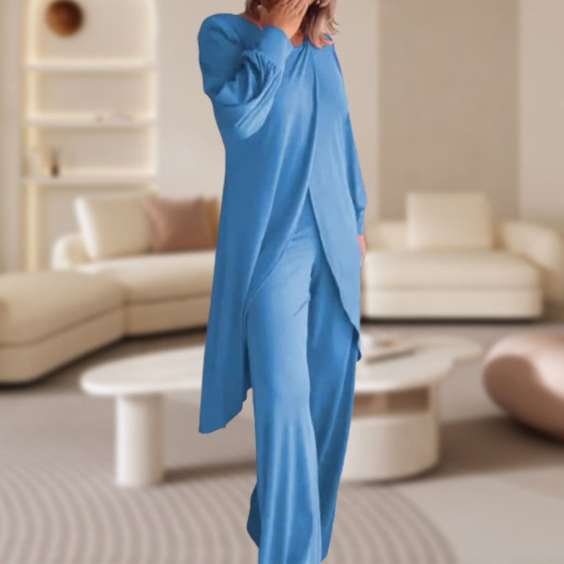 Effortless Tunic Two Piece Set for Women with V Neck Batwing Sleeve Draped Asymmetrical Style