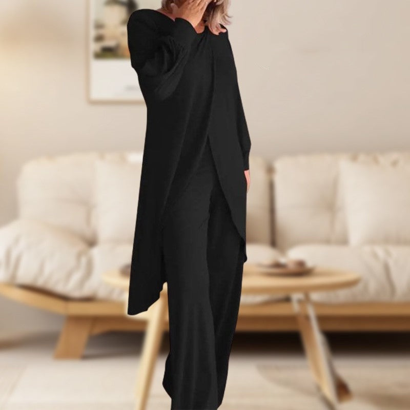 Effortless Tunic Two Piece Set for Women with V Neck Batwing Sleeve Draped Asymmetrical Style