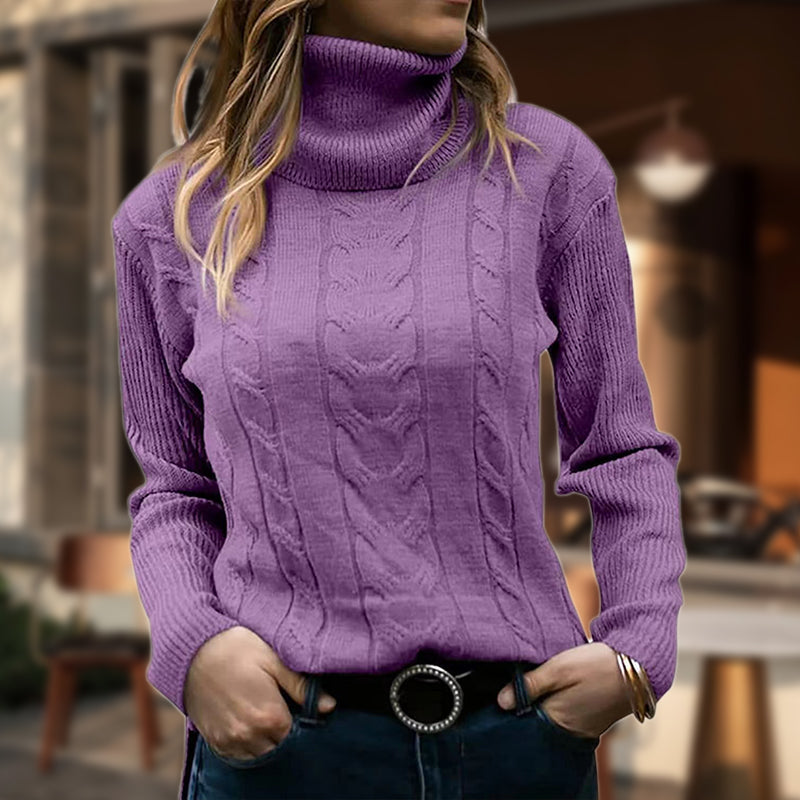 Comfortable Cable Knit Sweatshirt for Women with Turtleneck Long Sleeve Ribbed Fitted Style