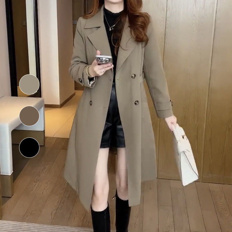 Elegant Wool Trench Coat for Women with Lapel Collar Long Sleeve Double Breasted Longline Tailored Style