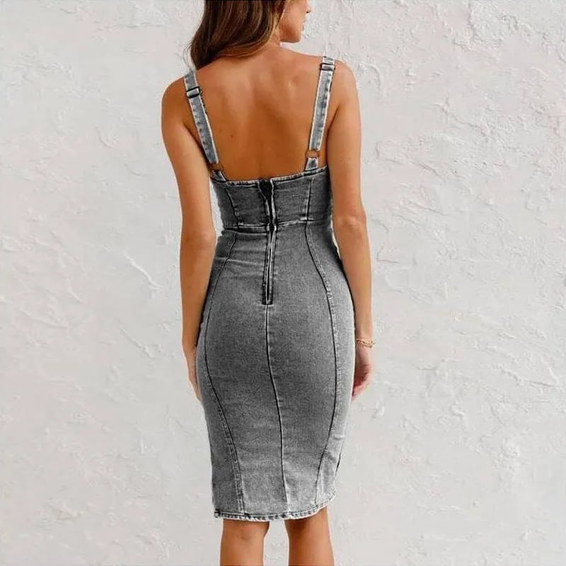 Elegant Denim Dress for Women with Square Neck Sleeveless Zip Front Midi Slit Style