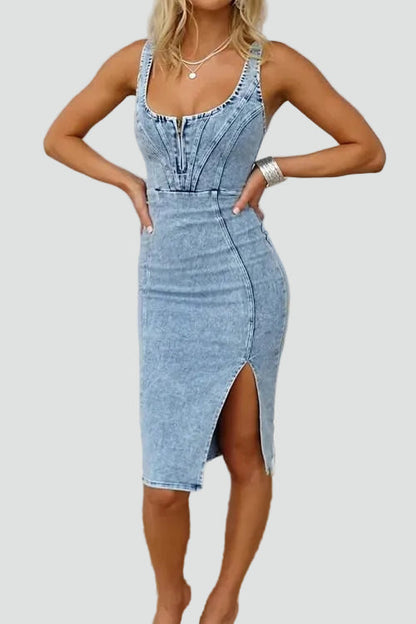 Elegant Denim Dress for Women with Square Neck Sleeveless Bodycon Midi Side Slit Style