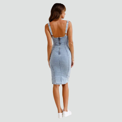 Elegant Denim Dress for Women with Square Neck Sleeveless Bodycon Midi Side Slit Style