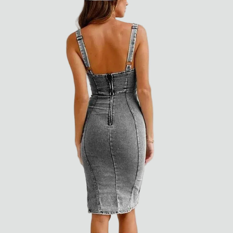 Elegant Denim Dress for Women with Square Neck Sleeveless Bodycon Midi Side Slit Style