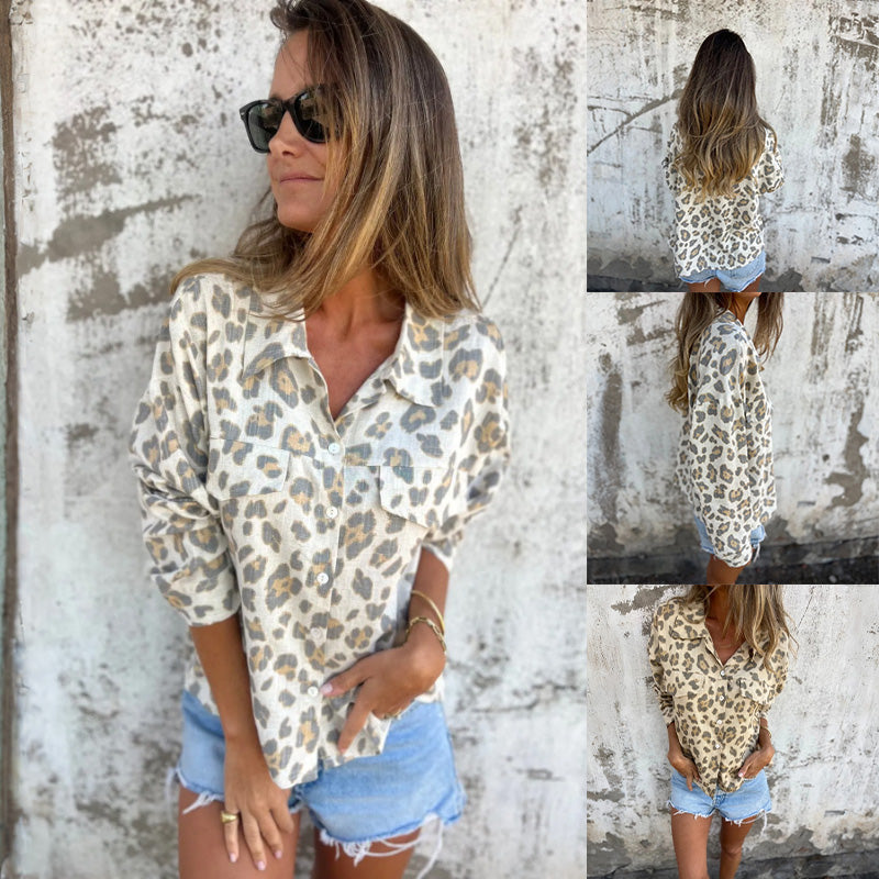 Effortless Leopard Print Long Sleeve Shirt for Women with Collar Button Front Relaxed Oversized Style