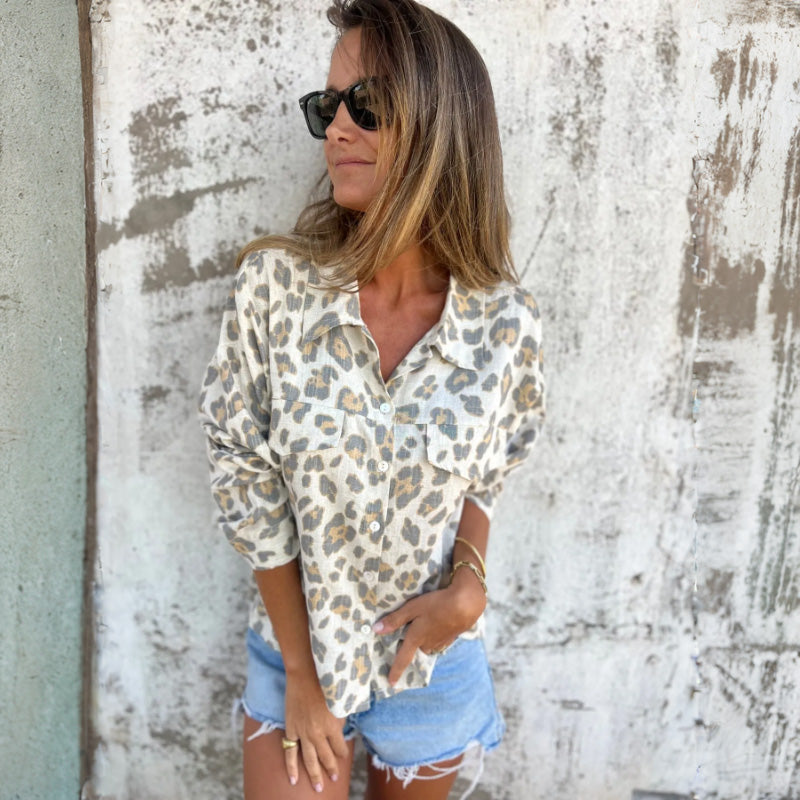 Effortless Leopard Print Long Sleeve Shirt for Women with Collar Button Front Relaxed Oversized Style