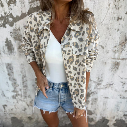 Effortless Leopard Print Long Sleeve Shirt for Women with Collar Button Front Relaxed Oversized Style