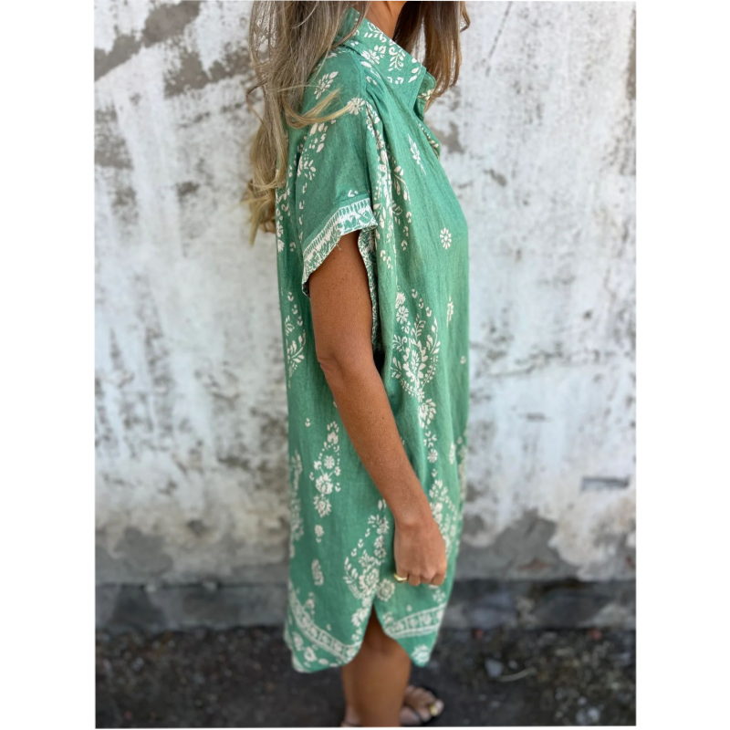 Effortless Green Dress for Women with Collar Short Sleeve Floral Print Kaftan Style