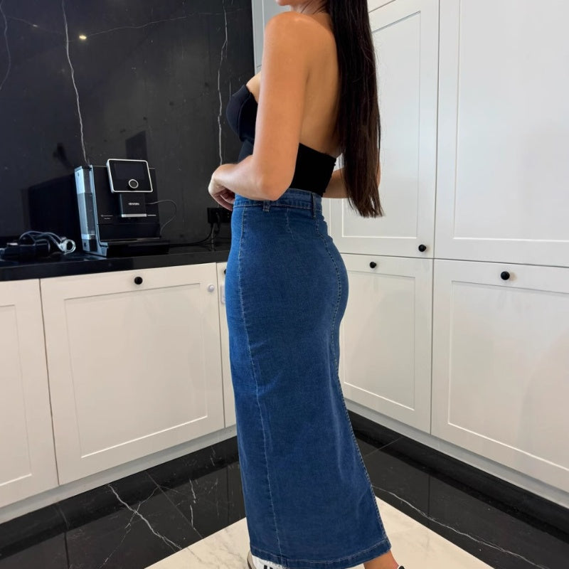 Effortless Denim Midi Skirt for Women with High Waist Button Front Side Slit Relaxed Style