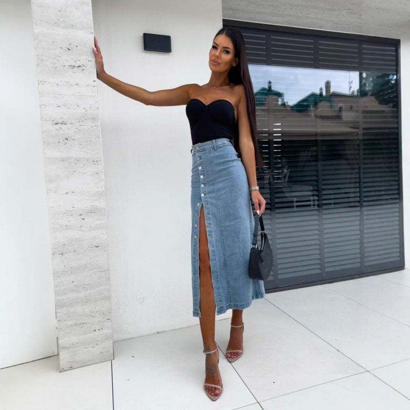 Effortless Denim Midi Skirt for Women with High Waist Button Front Side Slit Relaxed Style