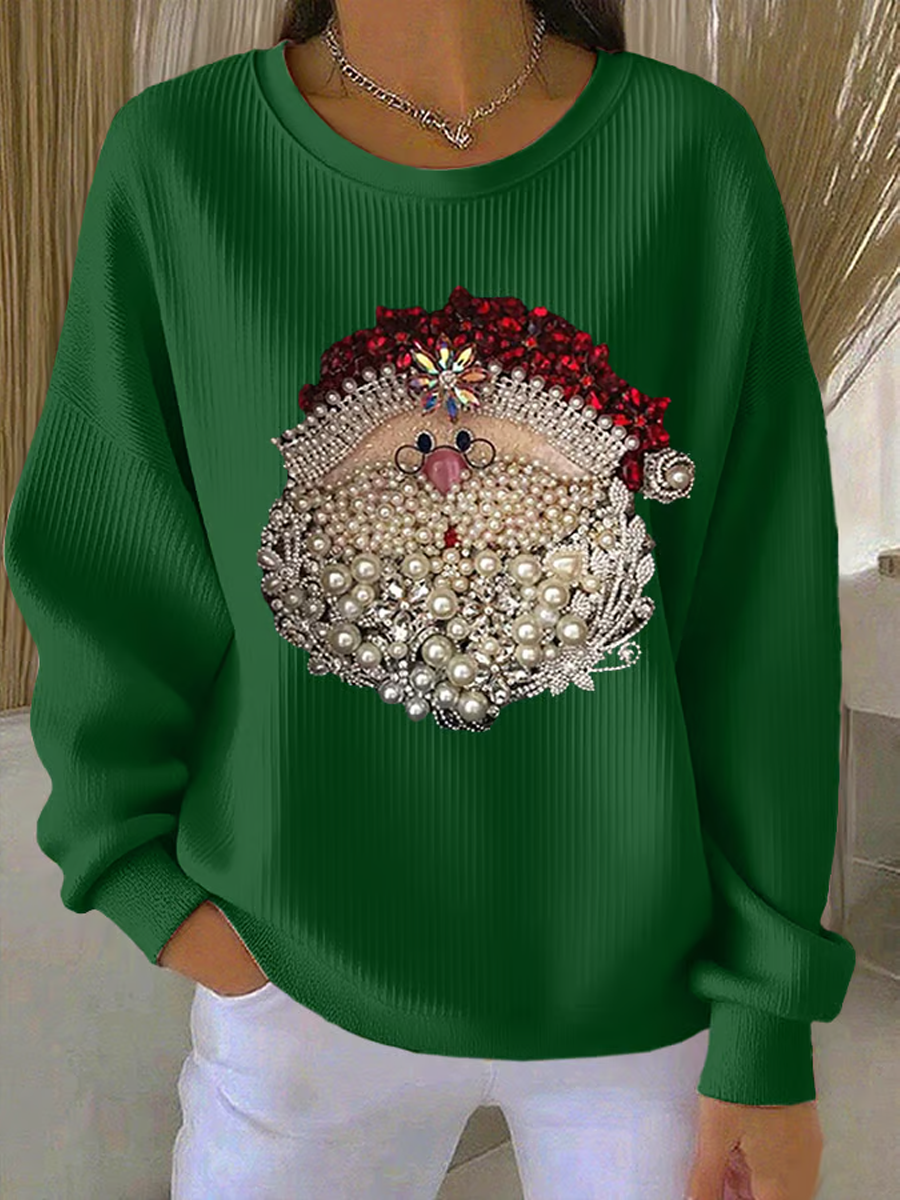 Comfortable Rhinestone Santa Print Sweatshirt for Women with Crewneck Long Sleeve Ribbed Knit Oversized Style