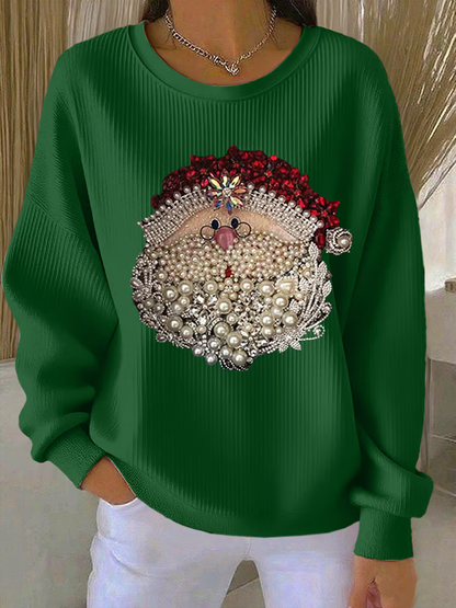 Comfortable Rhinestone Santa Print Sweatshirt for Women with Crewneck Long Sleeve Ribbed Knit Oversized Style