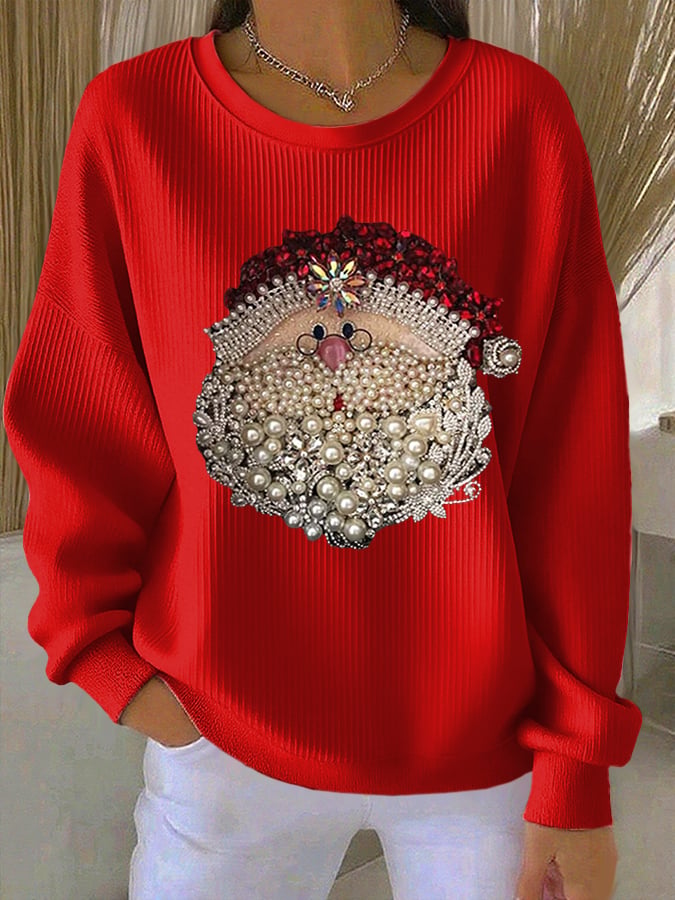 Comfortable Rhinestone Santa Print Sweatshirt for Women with Crewneck Long Sleeve Ribbed Knit Oversized Style