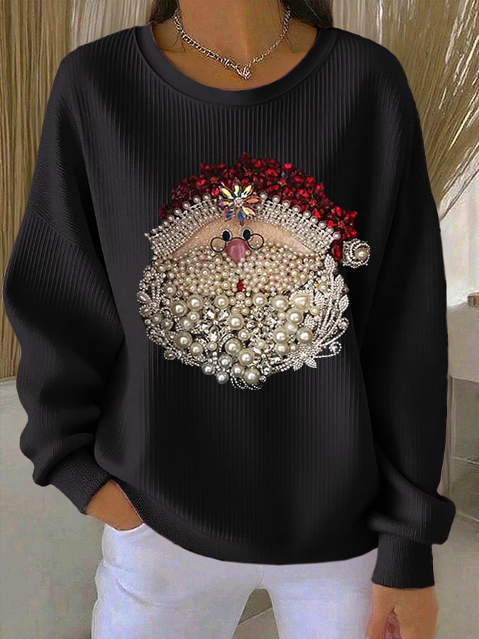 Comfortable Rhinestone Santa Print Sweatshirt for Women with Crewneck Long Sleeve Ribbed Knit Oversized Style