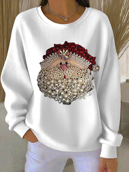 Comfortable Rhinestone Santa Print Sweatshirt for Women with Crewneck Long Sleeve Ribbed Knit Oversized Style