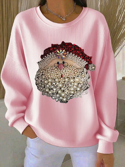 Comfortable Santa Print Ribbed Sweatshirt for Women with Crew Neck Long Sleeve Relaxed Christmas Style
