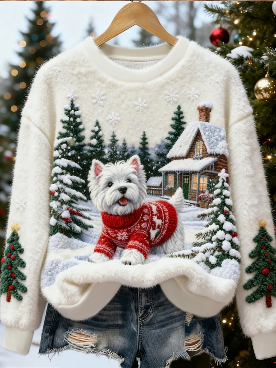 Cozy Ivory Snowflake Women's Christmas Sweater with Crew Neck Long Sleeve Fuzzy Oversized Knit Style
