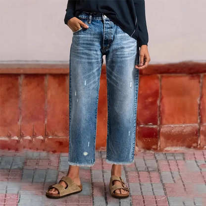 Effortless Blue Distressed Wide Leg Jeans for Women with High Waisted Frayed Hem Cropped Style