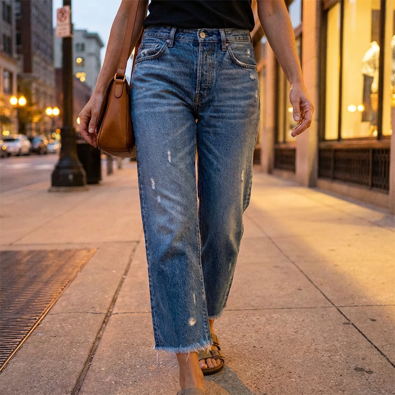 Effortless Blue Distressed Wide Leg Jeans for Women with High Waisted Frayed Hem Cropped Style