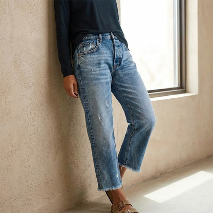 Effortless Blue Distressed Wide Leg Jeans for Women with High Waisted Frayed Hem Cropped Style
