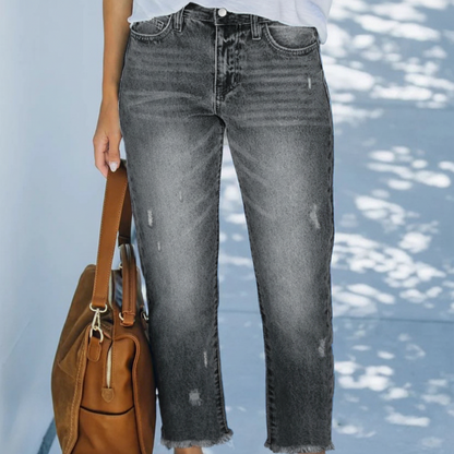 Effortless Blue Distressed Wide Leg Jeans for Women with High Waisted Frayed Hem Cropped Style