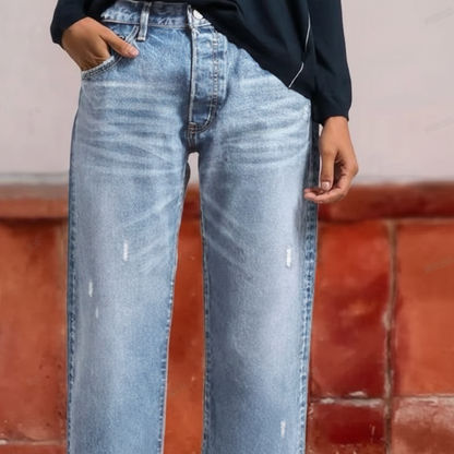 Effortless Blue Distressed Wide Leg Jeans for Women with High Waisted Frayed Hem Cropped Style