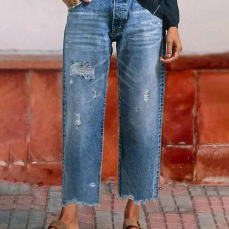 Effortless Blue Distressed Wide Leg Jeans for Women with High Waisted Frayed Hem Cropped Style