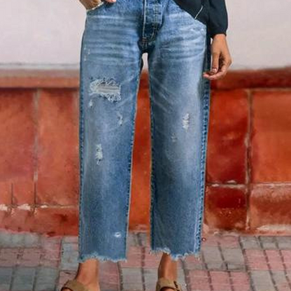 Effortless Blue Distressed Wide Leg Jeans for Women with High Waisted Frayed Hem Cropped Style