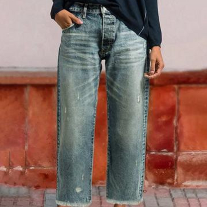 Effortless Blue Distressed Wide Leg Jeans for Women with High Waisted Frayed Hem Cropped Style