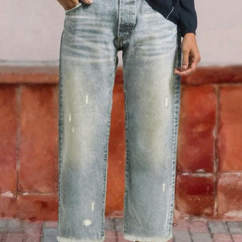 Effortless Blue Distressed Wide Leg Jeans for Women with High Waisted Frayed Hem Cropped Style