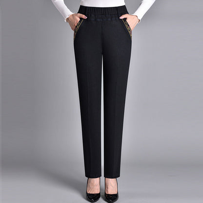 Comfortable Jeans for Women with High Elastic Waist Straight Leg Pleated Front Relaxed Style