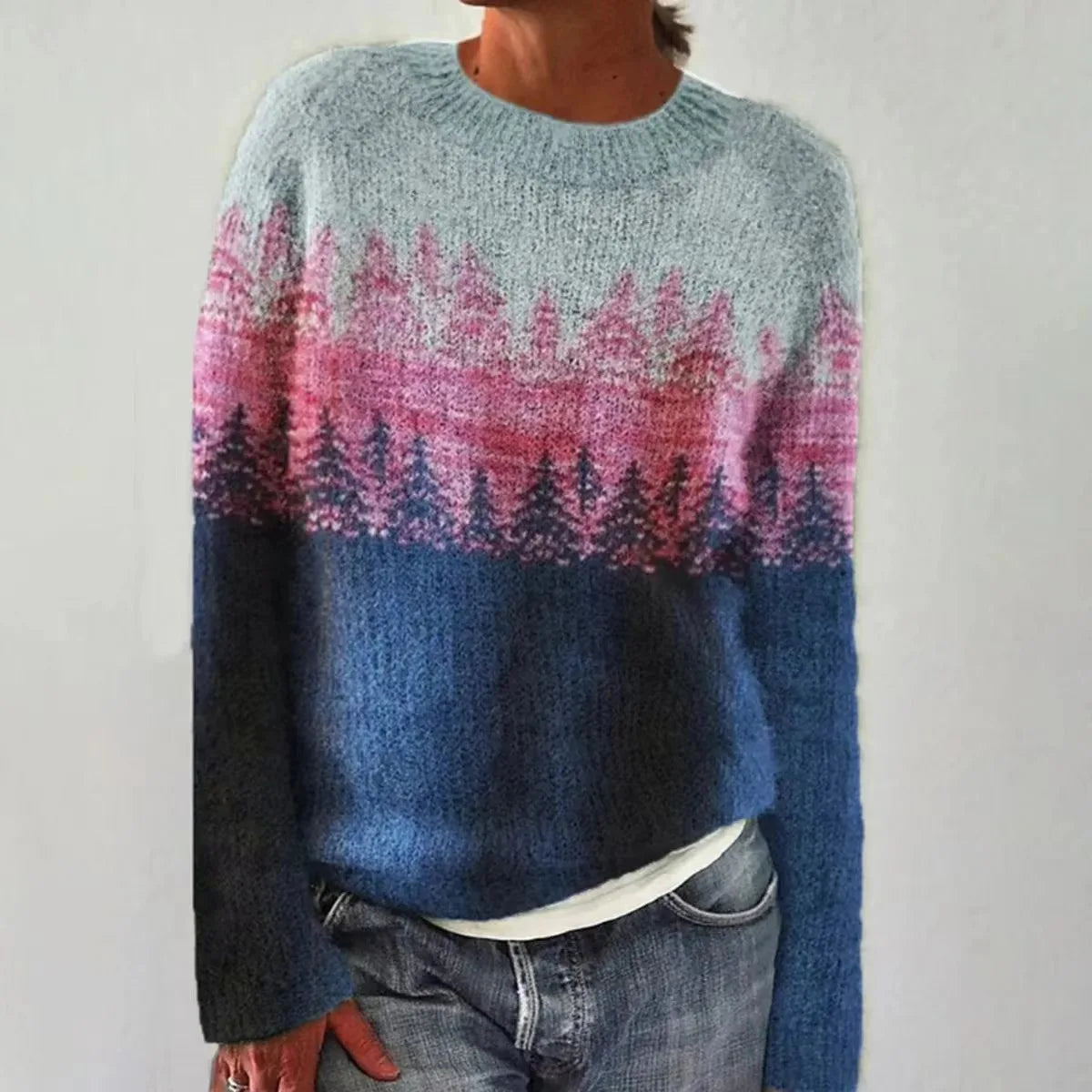 Comfortable Ombre Fair Isle Sweater for Women with Crew Neck Long Sleeve Relaxed Oversized Knit Style