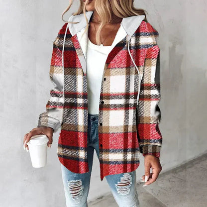 Effortless Plaid Flannel Jacket for Women with Hooded Button Front Sherpa Lined Casual Style