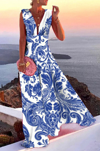 Effortless Paisley Print Maxi Dress for Women with Deep V-Neck Sleeveless Loose Fit Casual Summer Style