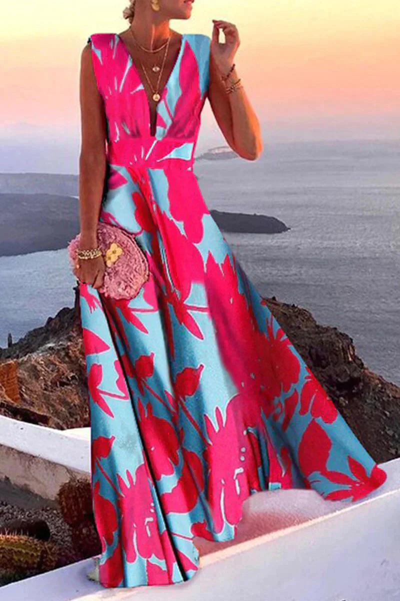 Effortless Paisley Print Maxi Dress for Women with Deep V-Neck Sleeveless Loose Fit Casual Summer Style