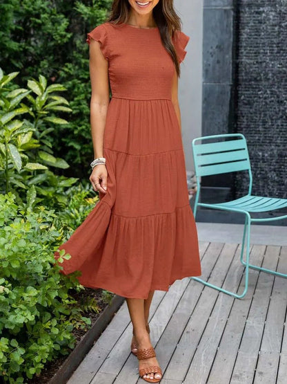 Comfortable Tiered Midi Dress for Women with Flutter Sleeve Split Neck Smocked Waist Casual Style