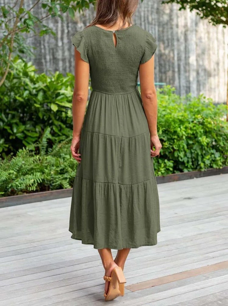 Comfortable Tiered Midi Dress for Women with Flutter Sleeve Split Neck Smocked Waist Casual Style
