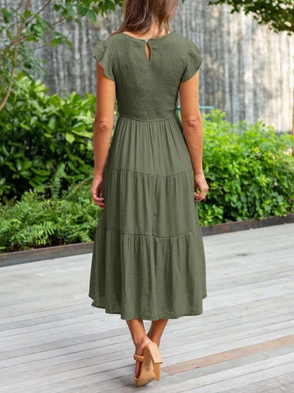 Comfortable Tiered Midi Dress for Women with Flutter Sleeve Split Neck Smocked Waist Casual Style