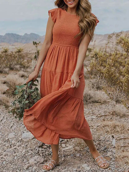 Comfortable Tiered Midi Dress for Women with Flutter Sleeve Split Neck Smocked Waist Casual Style