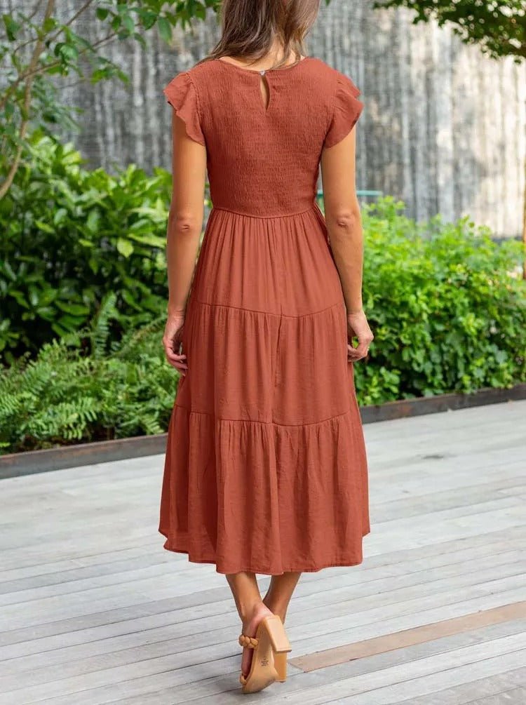 Comfortable Tiered Midi Dress for Women with Flutter Sleeve Split Neck Smocked Waist Casual Style