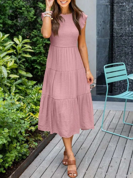 Comfortable Pink Dress for Women with Flutter Sleeve Split Neck Smocked Waist Casual Style